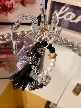 Beaded Tassel Keychain Wristlet - Black, White & Gold